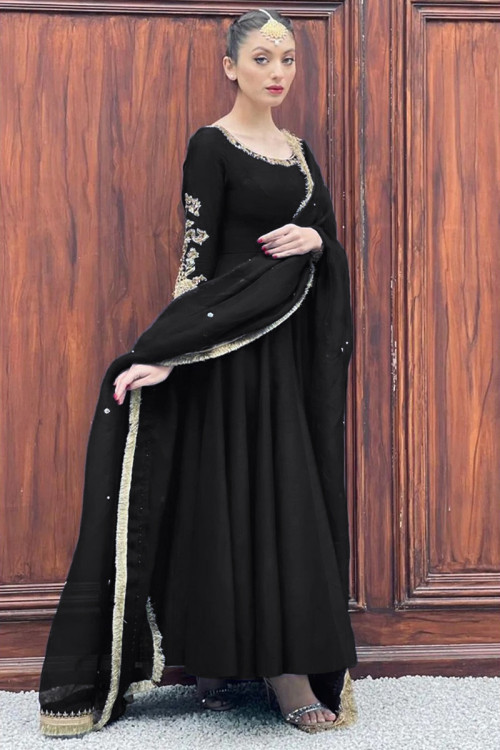Embroidered Bangalori Silk Black Party Wear Anarkali Suit
