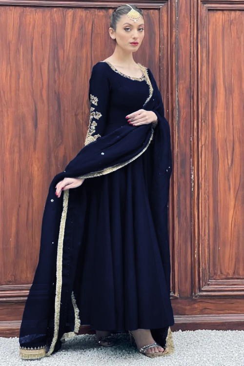 Embroidered Bangalori Silk Navy Blue Party Wear Anarkali Suit
