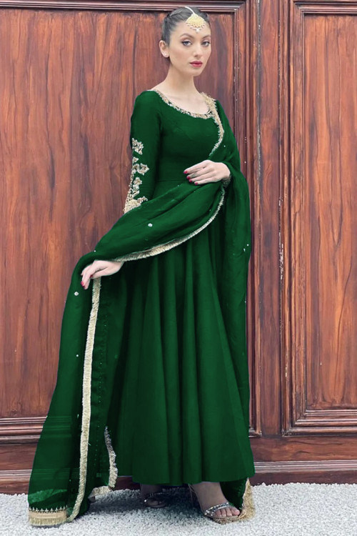 Embroidered Bangalori Silk Dark Green Party Wear Anarkali Suit