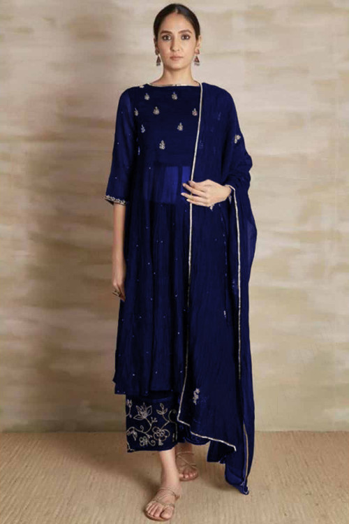 Cutdana Work Embroidered Chiffon Navy Blue Trouser Suit