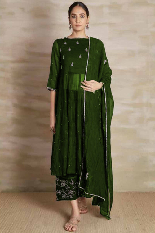 Cutdana Work Embroidered Chiffon Green Trouser Suit