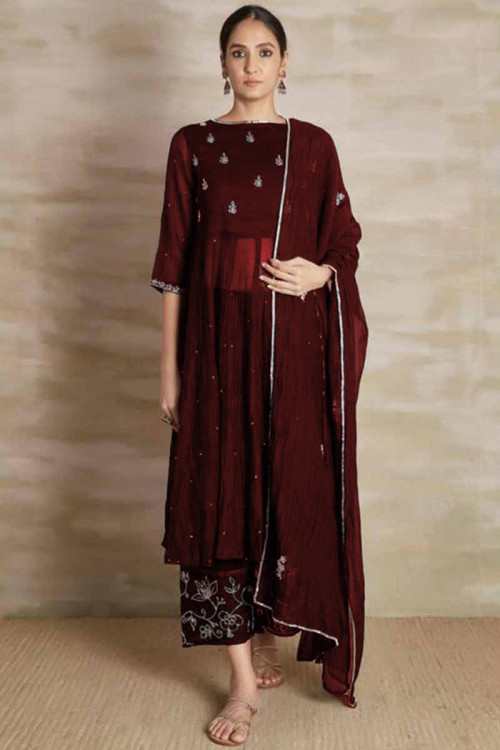 Cutdana Work Embroidered Chiffon Maroon Trouser Suit