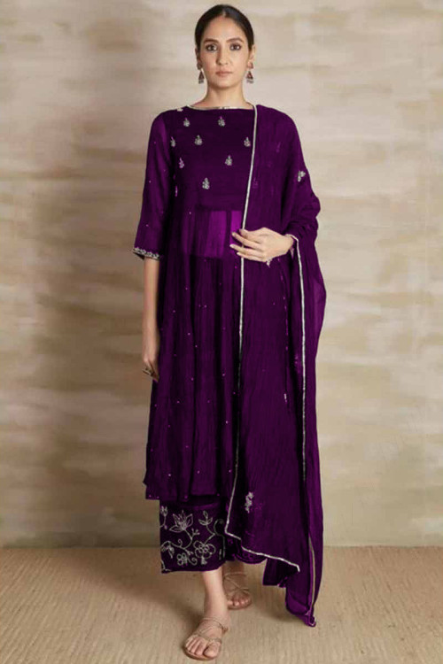 Cutdana Work Embroidered Chiffon Plum Purple Trouser Suit