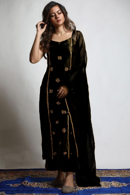 Embroidered Silk Black Party Wear Straight Cut Suit
