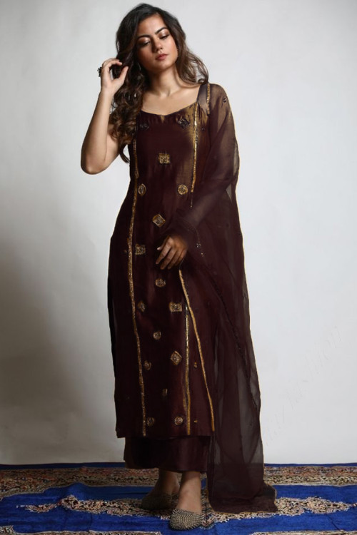 Embroidered Silk Brown Party Wear Straight Cut Suit