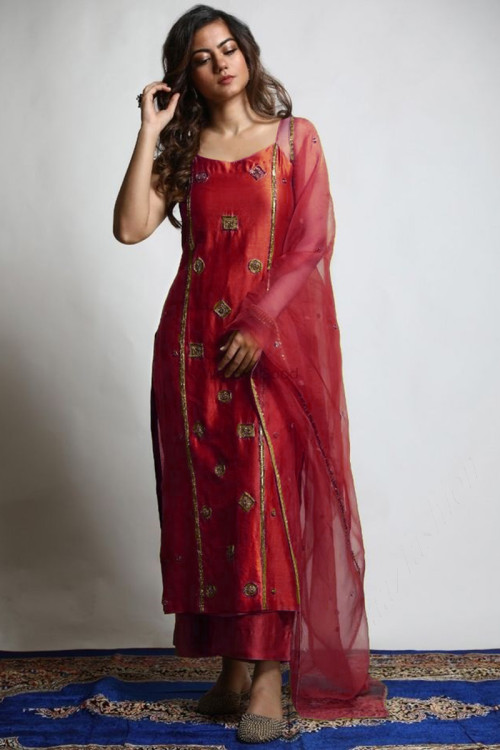 Embroidered Silk Brick Red Party Wear Straight Cut Suit