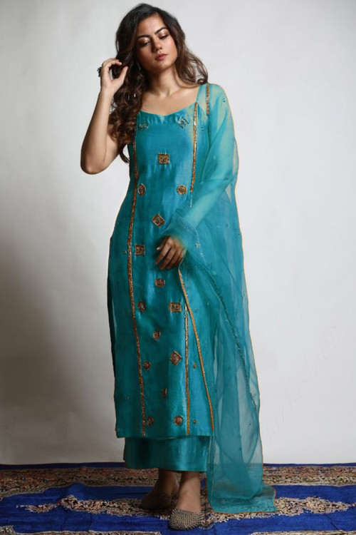 Embroidered Silk Sky Blue Party Wear Straight Cut Suit