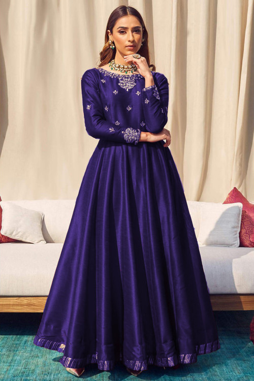 Royal Blue Bangalori Silk Embroidered Wedding Wear Anarkali Suit