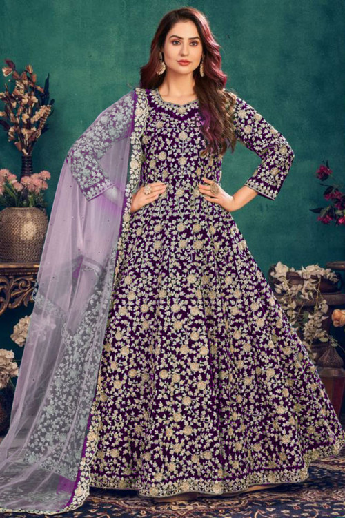 Sequins Embroidered Velvet Purple Anarkali Suit