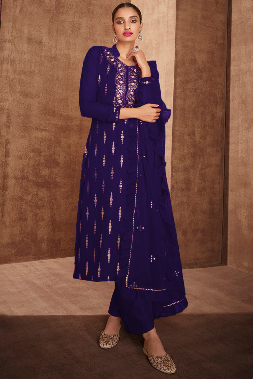 Royal Blue Silk Embroidered Wedding Trouser Suit