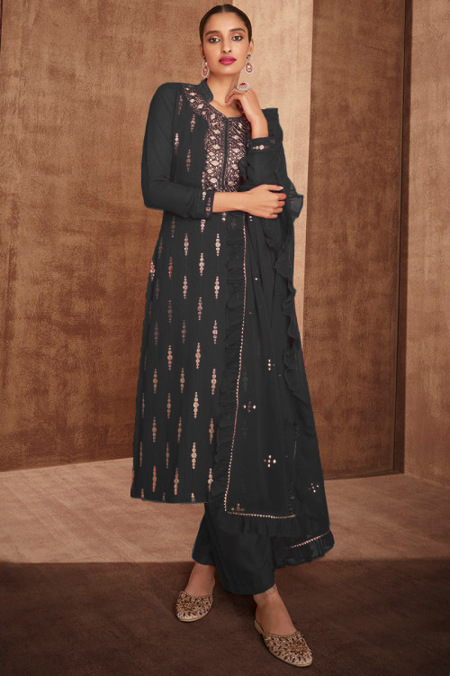 Charcoal Grey Silk Embroidered Wedding Trouser Suit