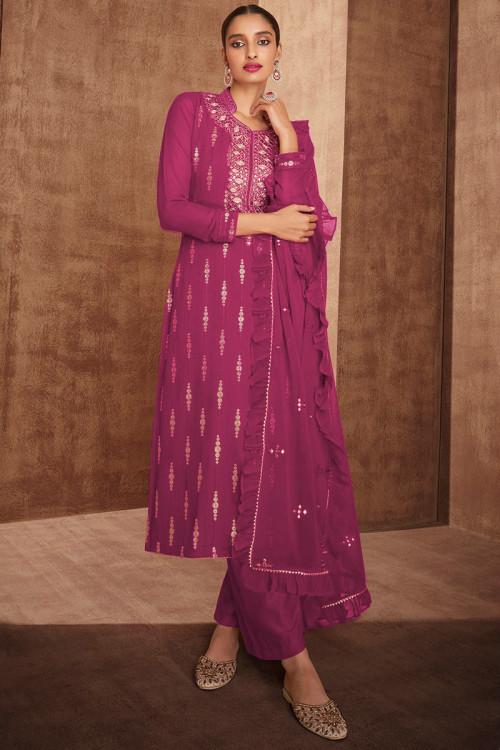 Rani Pink Silk Embroidered Wedding Trouser Suit