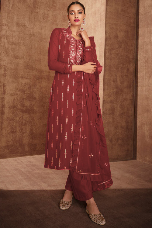 Red Silk Embroidered Wedding Trouser Suit