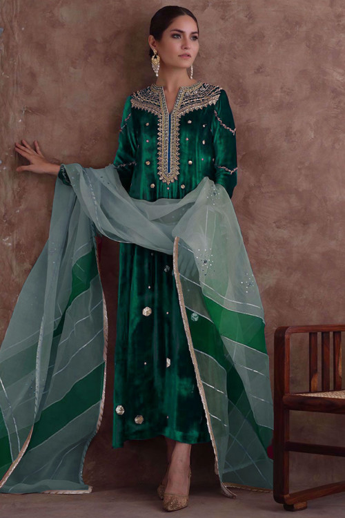 Bottle Green Velvet Embroidered Pakistani Trouser Suit