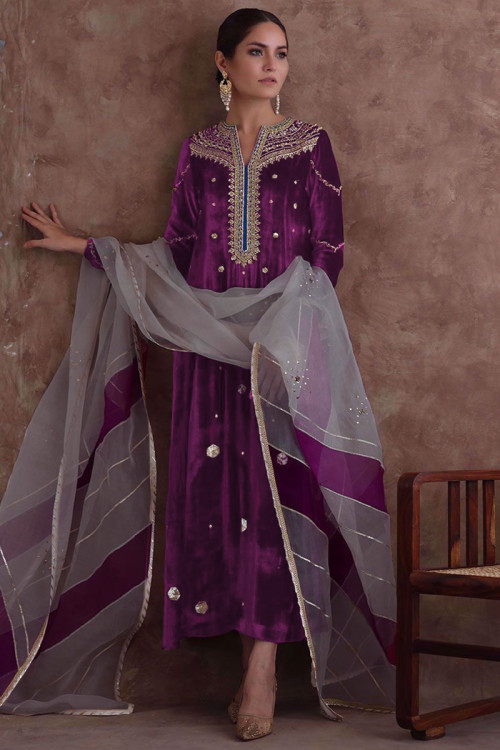 Dark Purple Velvet Embroidered Pakistani Trouser Suit