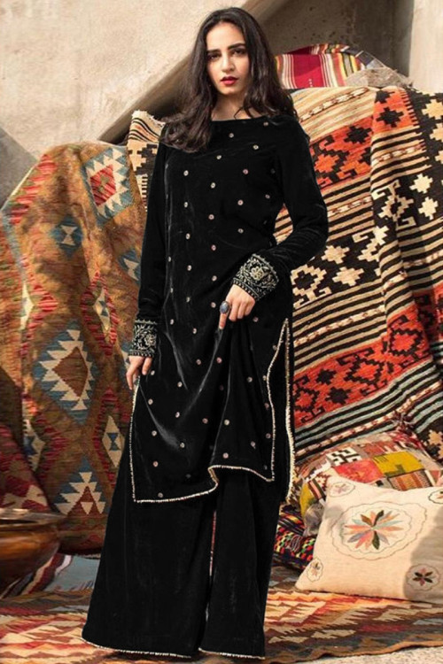 Black Velvet Palazzo Pant Pakistani Suit