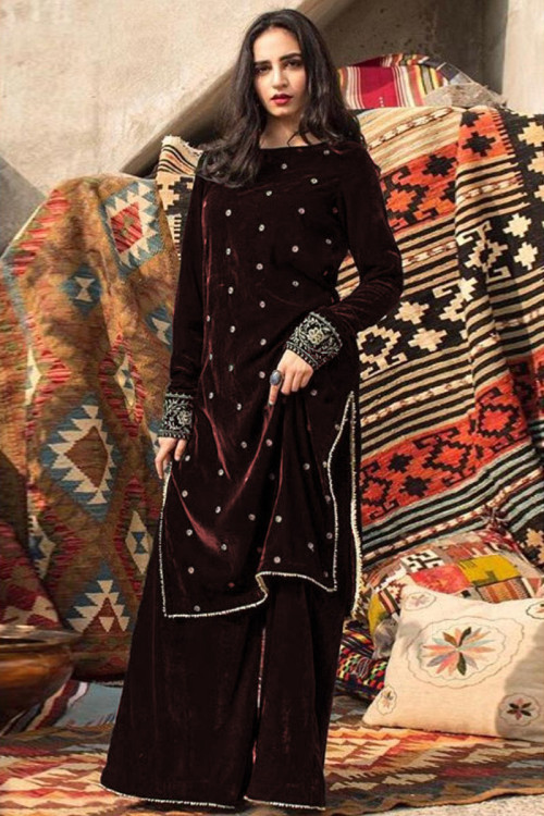 Dark Brown Velvet Palazzo Pant Pakistani Suit