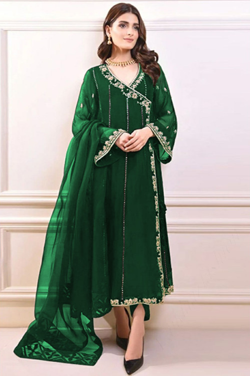 Zari Embroidered Chiffon Dark Green Pakistani Anarkali Suit