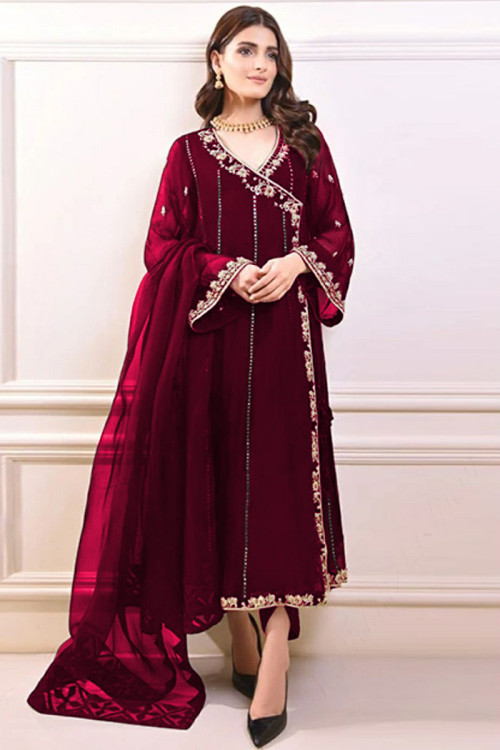 Zari Embroidered Chiffon Deep Red Pakistani Anarkali Suit