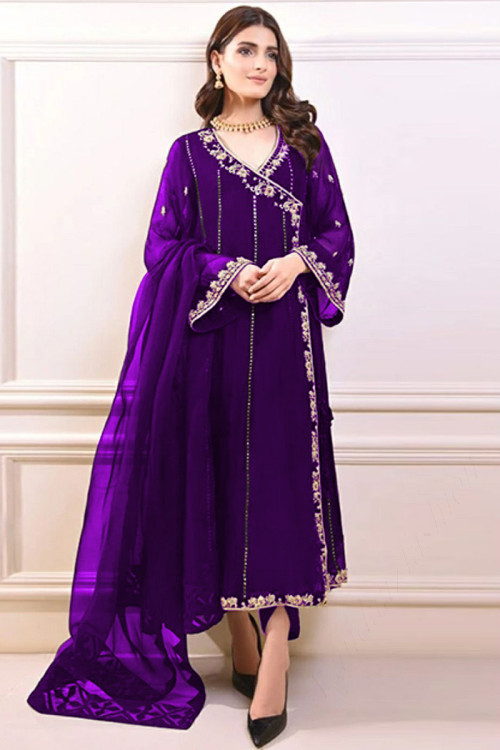 Zari Embroidered Chiffon Dark Purple Pakistani Anarkali Suit