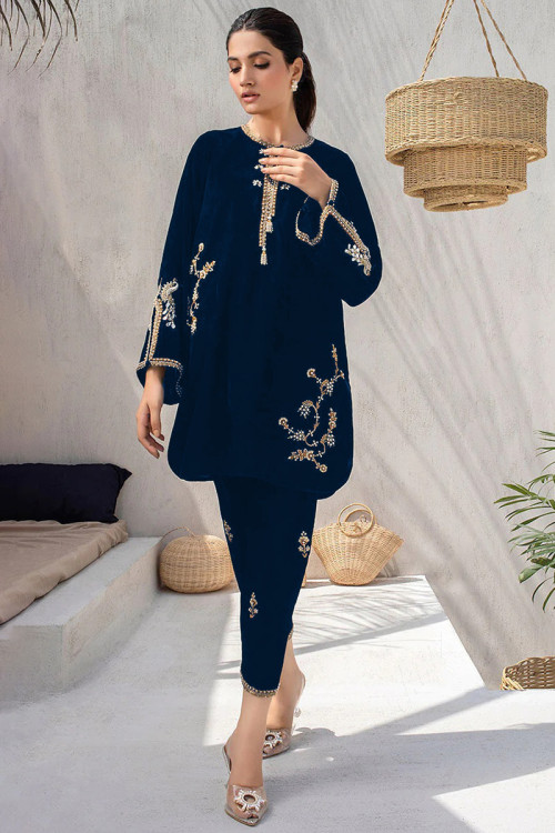 Zari Embroidered Velvet Navy Blue Pakistani Trouser Suit
