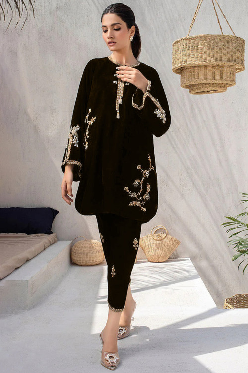 Zari Embroidered Velvet Brown Pakistani Trouser Suit