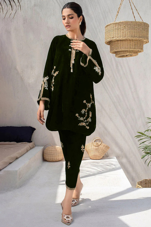 Zari Embroidered Velvet Dark Green Pakistani Trouser Suit