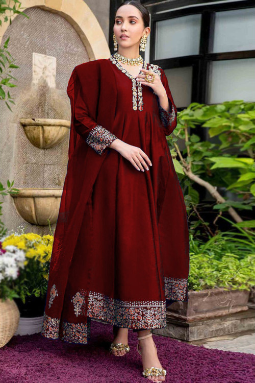 Deep Red Silk Ankle Length Anarkali Suit