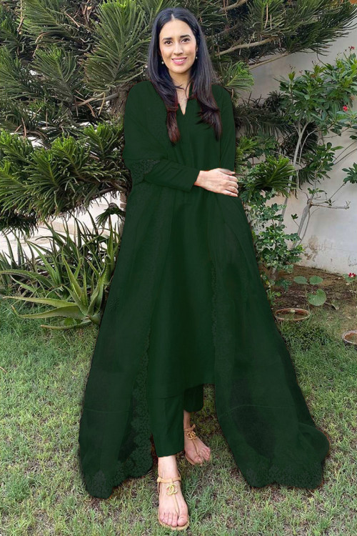 Plain Pakistani Silk Bottle Green Saree