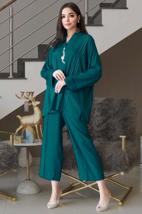 Teal Green Linen Contemporary Style Trouser Suit