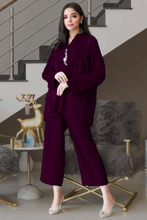 Dark Purple Linen Contemporary Style Trouser Suit