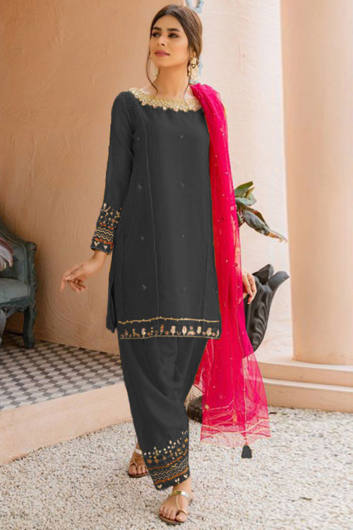 Charcoal Grey Silk Straight Cut Patiala Suit