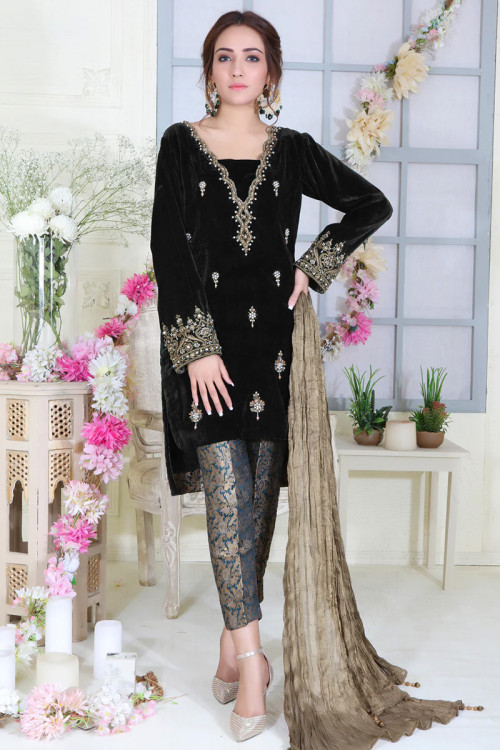 Black Velvet High Low style Pakistani Trouser Suit