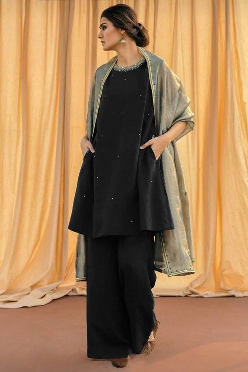 Black Cotton Frock Style Trouser Suit With Stone Work