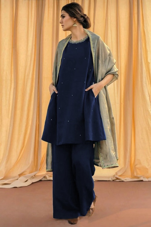 Navy Blue Cotton Frock Style Trouser Suit With Stone Work
