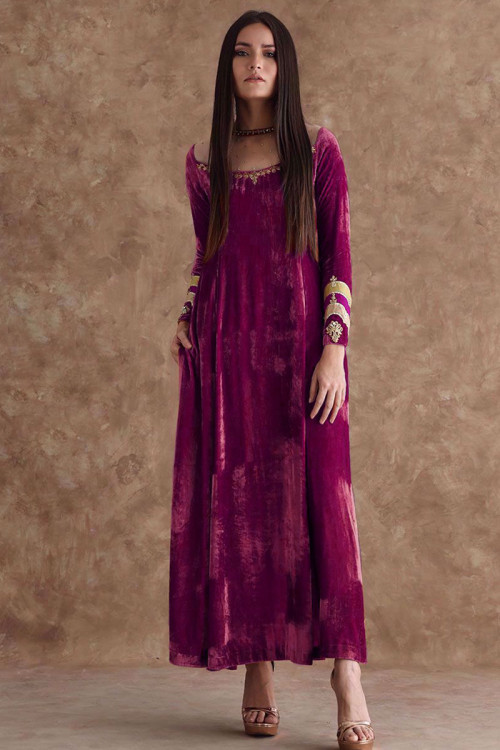 Dark Pink Velvet Embroidered Anarkali Suit