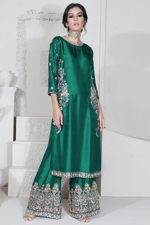 Stone Embroidered Silk Teal Green Trouser Suit