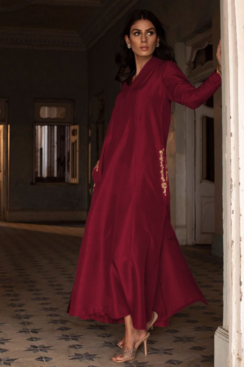 Buy 62 7XL Size Maroon Raw Silk Indian Dresses Online for Women in UK
