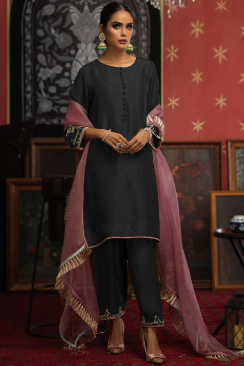 Black Silk Embroidered Patiala Suit