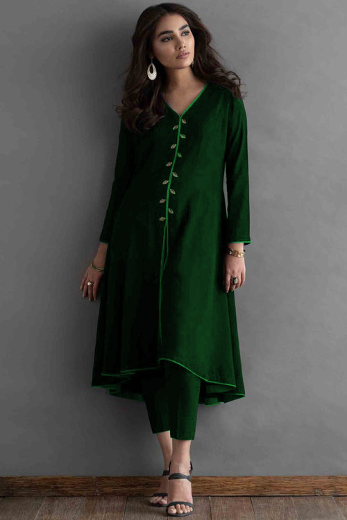 Plain Cotton Dupion Silk Dark Green Eid Trouser Suit