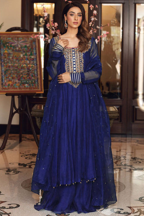 Royal Blue Organza Embroidered Sharara Suit