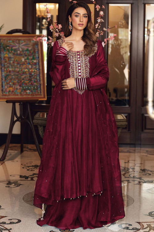Wine Red Organza Embroidered Sharara Suit
