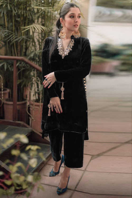 Zari Embroidered Velvet Black Straight Pant Suit