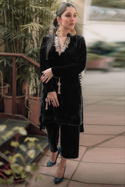 Zari Embroidered Velvet Black Straight Pant Suit