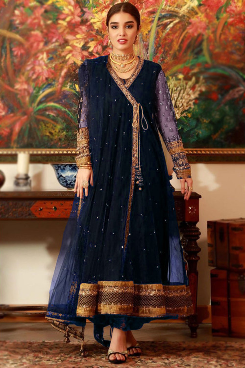 Dark Blue Net Angrakha Style Embroidered Anarkali Suit