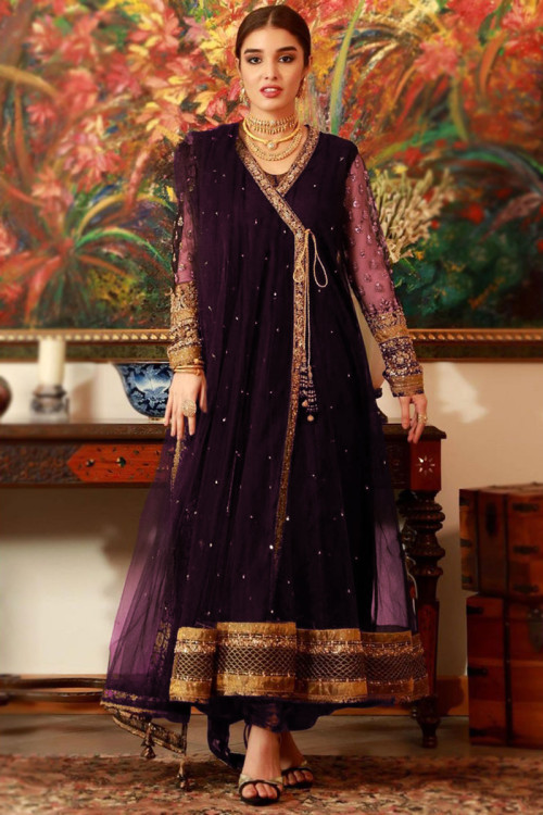 Plum Purple Net Angrakha Style Embroidered Anarkali Suit