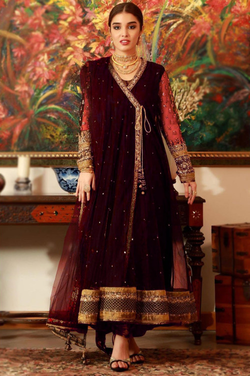 Maroon Net Angrakha Style Embroidered Anarkali Suit