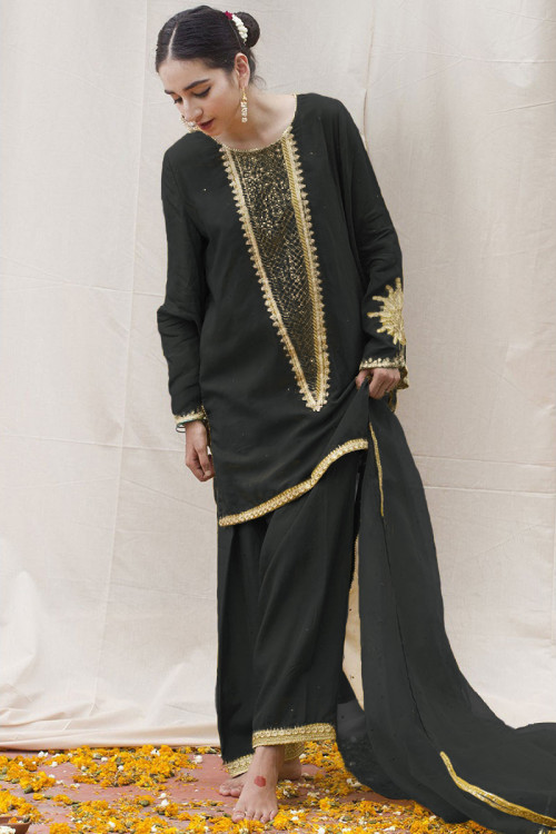 Black Silk Embroidered Pakistani Patiala Suit