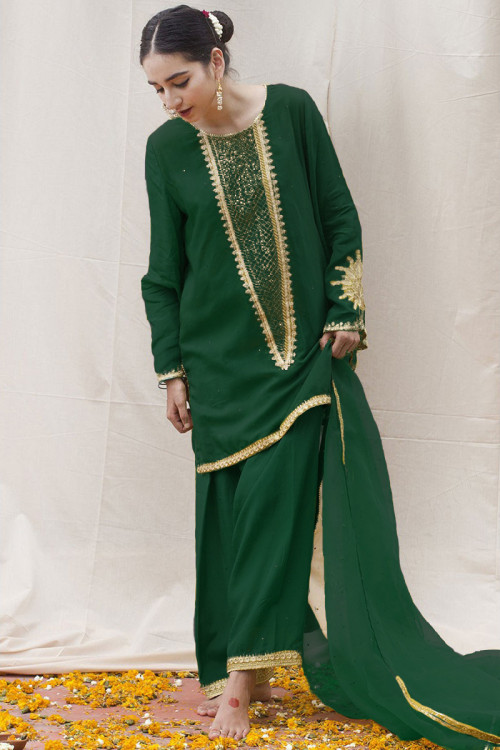 Dark Green Silk Embroidered Pakistani Patiala Suit