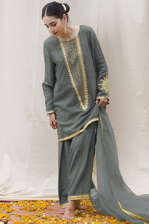 Dark Grey Silk Embroidered Pakistani Patiala Suit